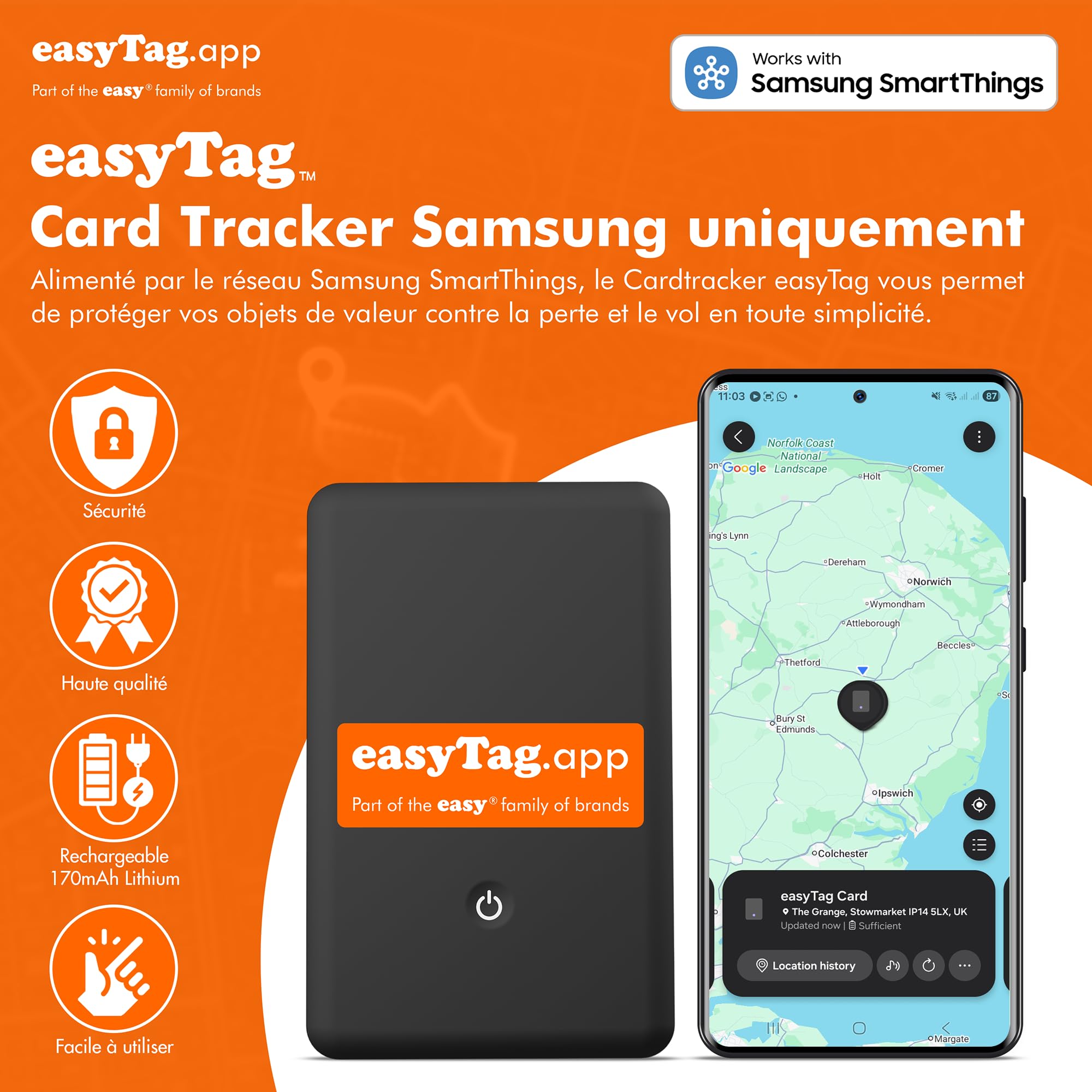easyTag Card Tracker (Uniquement pour Samsung) - Suivi Global Instantané Traqueur Android Slim pour Portefeuilles, Sacs, Valises et Bagages. Compatible avec l'Application Samsung SmartThings