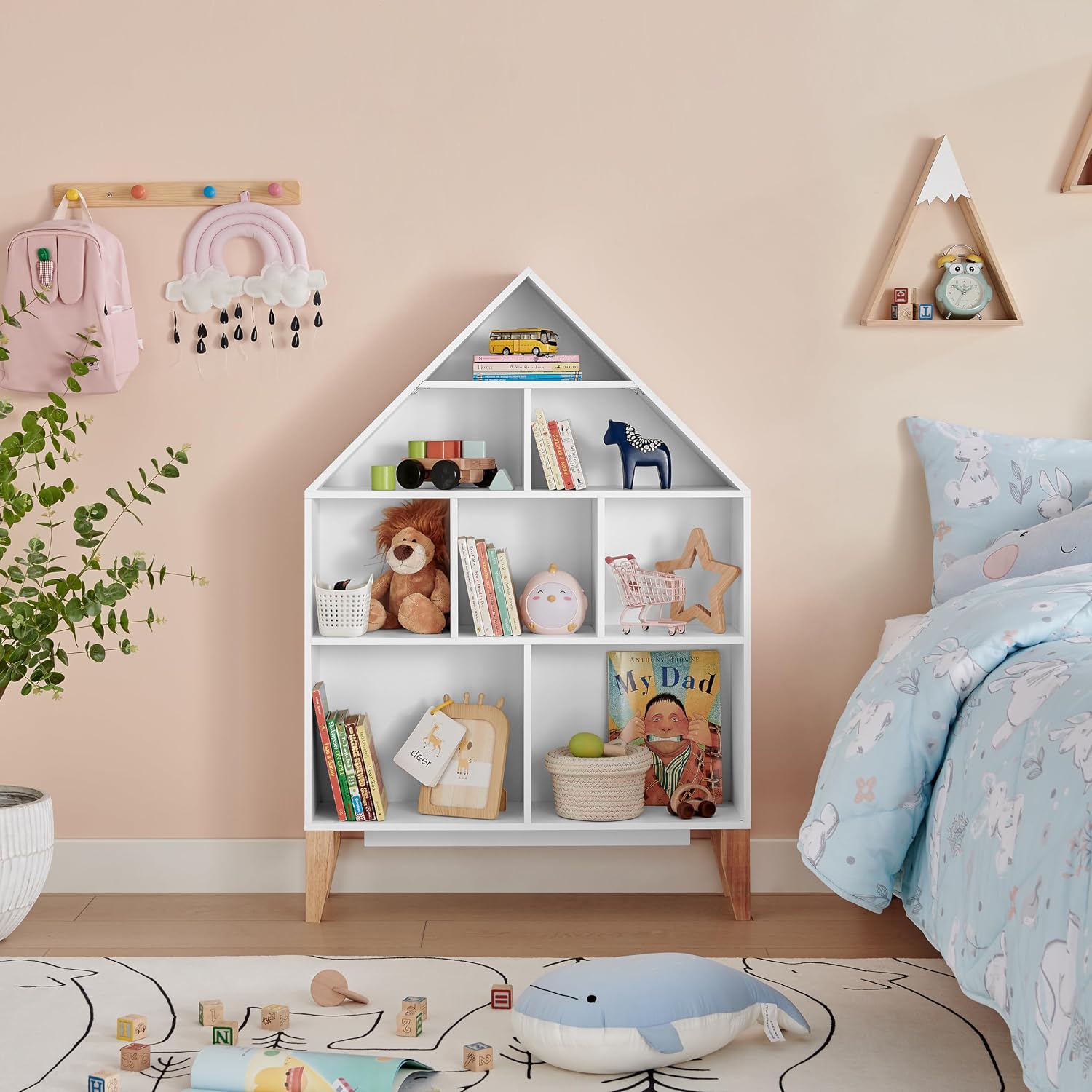 Danya B. Steiner White Dollhouse 8-Compartment Kids Book or Toy Figure Display Unit Freestanding Bookshelf with Beech Legs