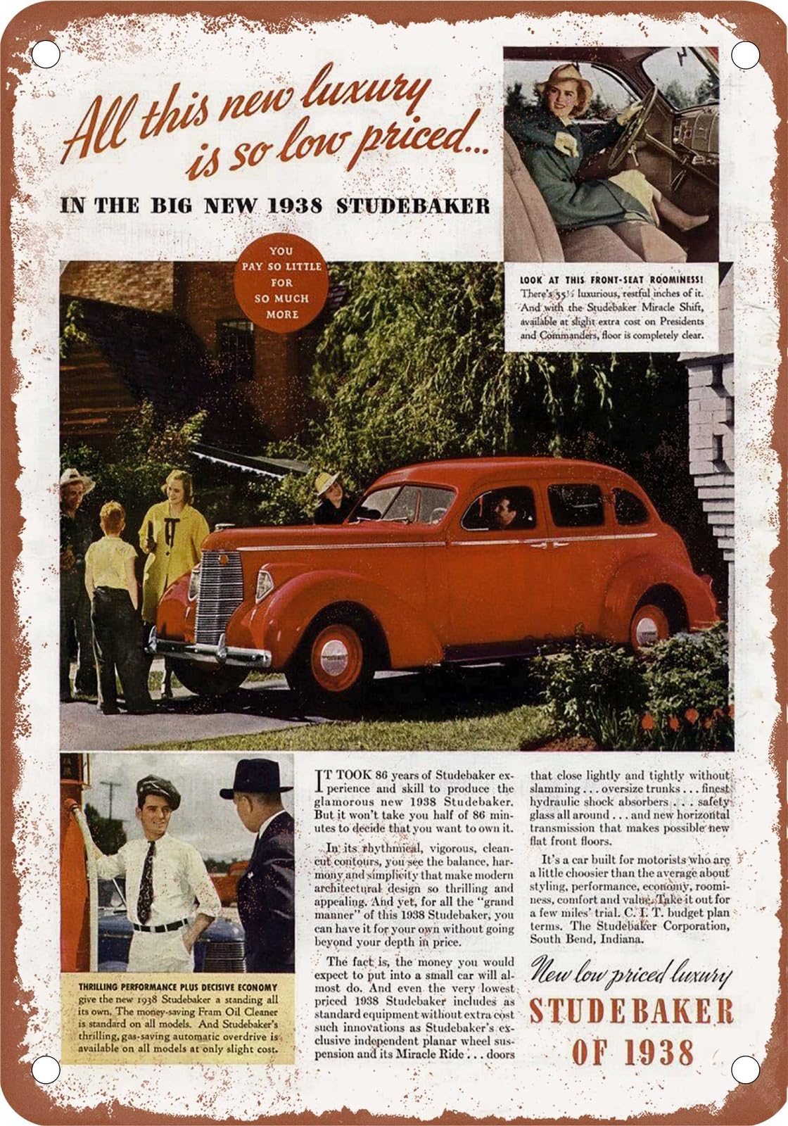 Miaomansenstore Metal Sign - 1938 Studebaker Vintage Ad 06 - Old Retro Rusty Look Home Decor