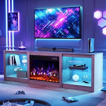 BREEZEHEAT Fireplace TV Stand, 70 inch TV Stand with 23" Electric Fireplace, LED Light Entertainment Center for Living Room, TV Console with Glass Shelves, Remote Control, Gray