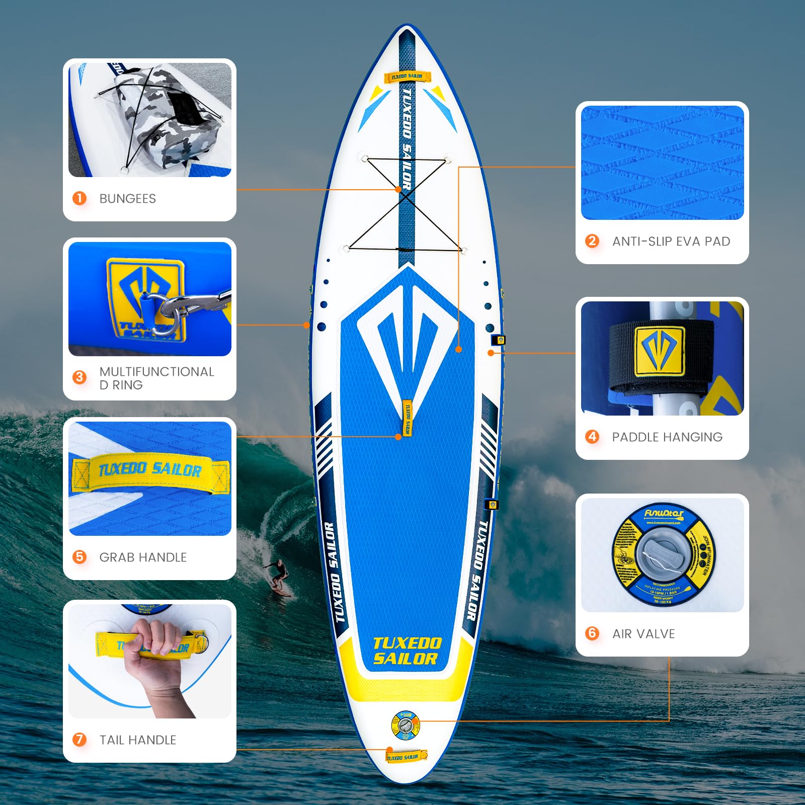 Tuxedo Sailor SUP Board Gonfiabile 335x76x15cm Stand Up Paddle Board Set con Pagaia ADJ, Pompa ad Alta Pressione, Sedile Kayak, Borsa Impermeabile, Guinzaglio, Pinna, Zaino, Tracolla, Paddle Board