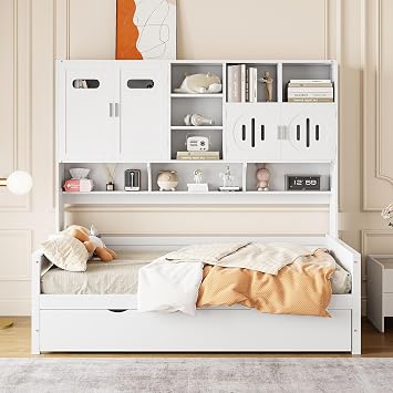 Merax Twin Size Wooden Daybed with Twin Size Trundle, Bookcase, and All-in-One Cabinet and Shelf, White