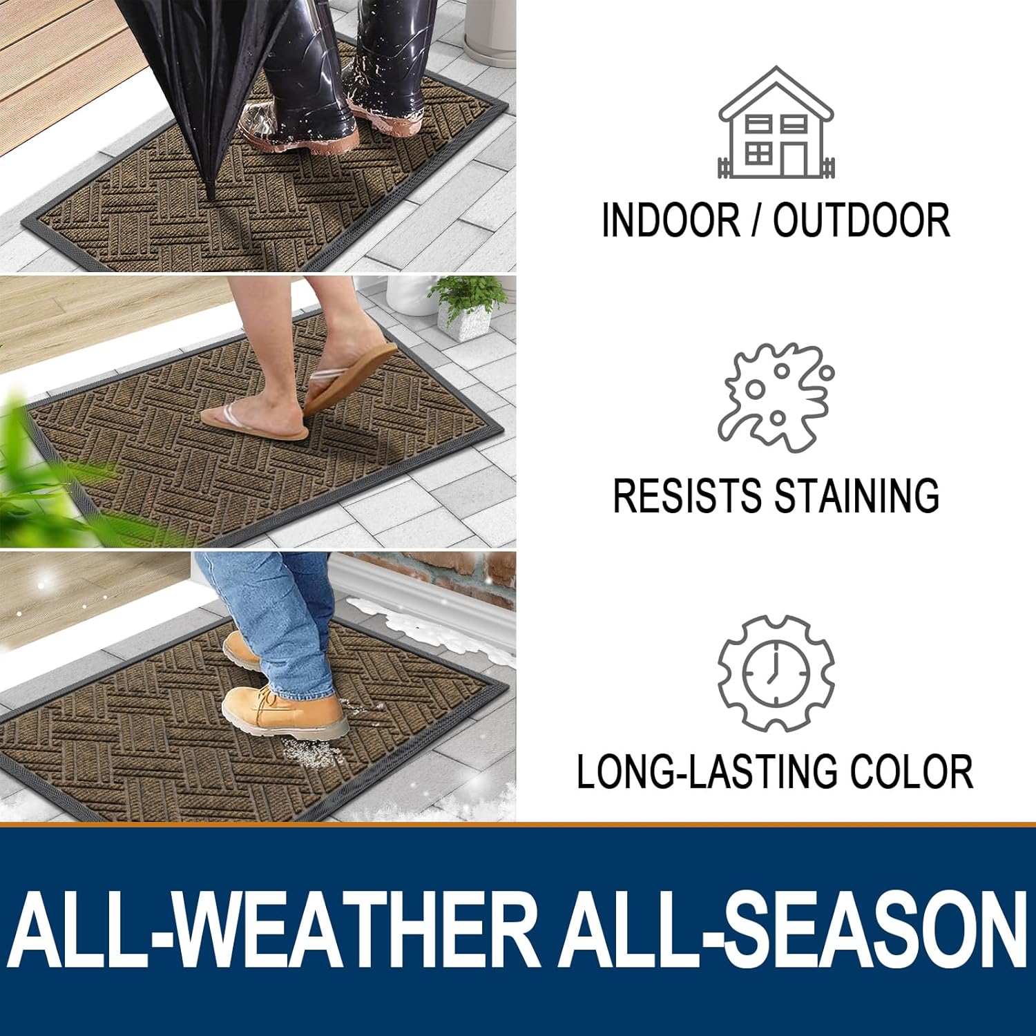 OLANLY Indoor Outdoor Mat, Sturdy Natural Rubber Floor Mat, Non Slip Low Profile Waterproof Doormat, and Stain Front Door Mats, Easy Clean Patio Entrance Mat, 48''x32'', Brown