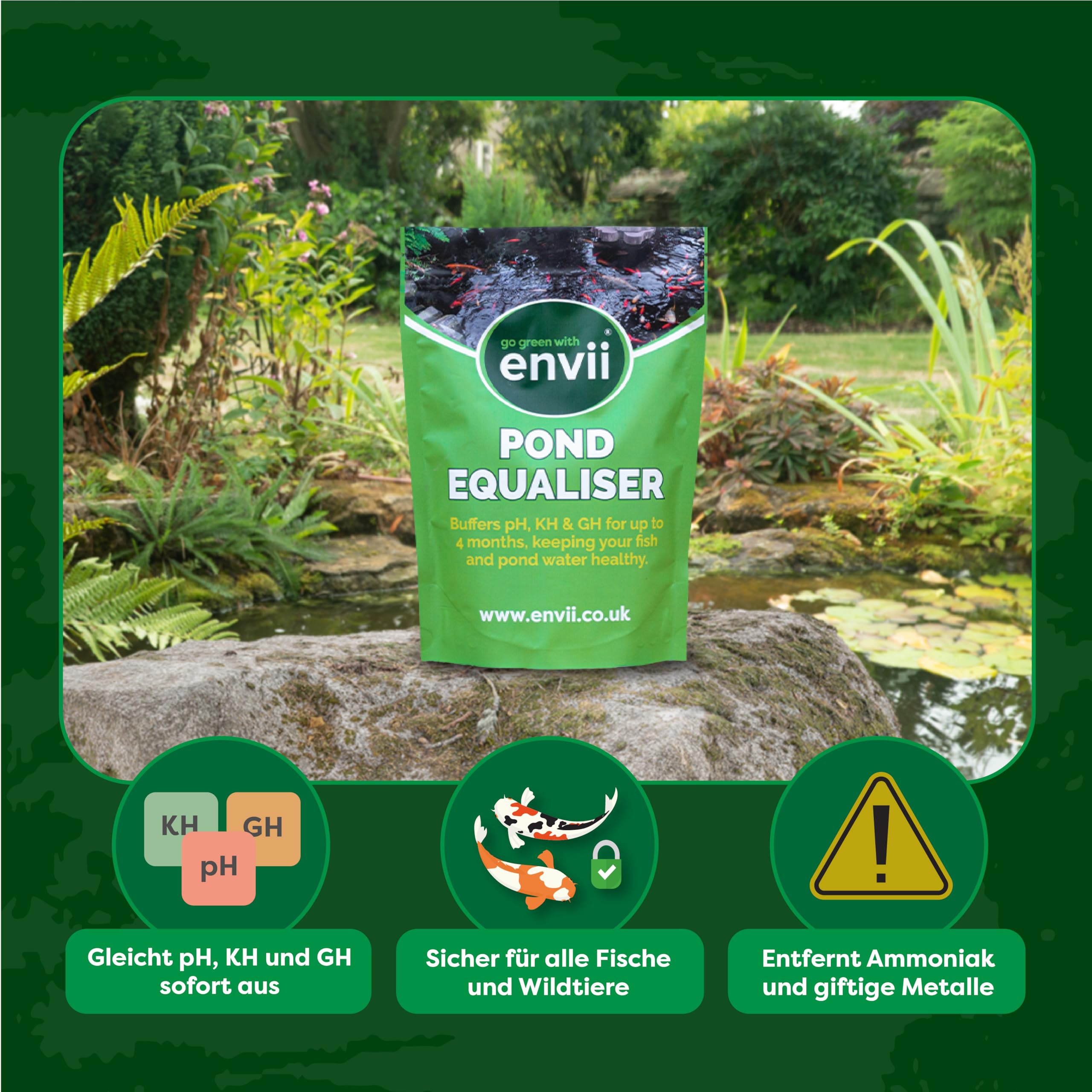 Envii Pond Equaliser – Sofort wirksamer Ausgleich und Stabilisator für sichere pH-, KH und GH Werte um das perfekte Teichmilieu zu schaffen (1kg)