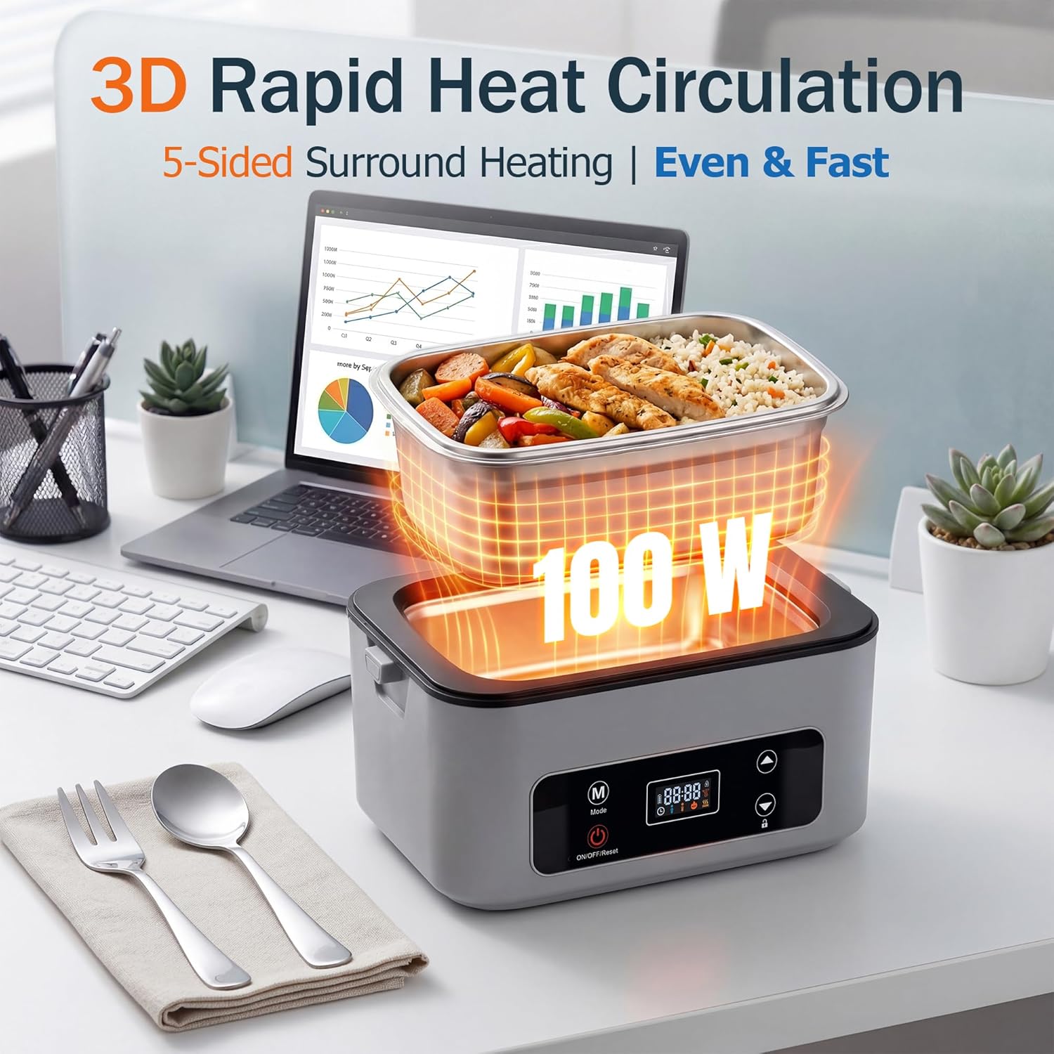 5.1 Cups Cordless Electric Lunch Box for Adults, 24000mAh Battery with Scheduled Heating & 5-Side Fast Even Heating, 100W Portable Food Warmer for Drivers, Outdoor Workers, Travel, Camping