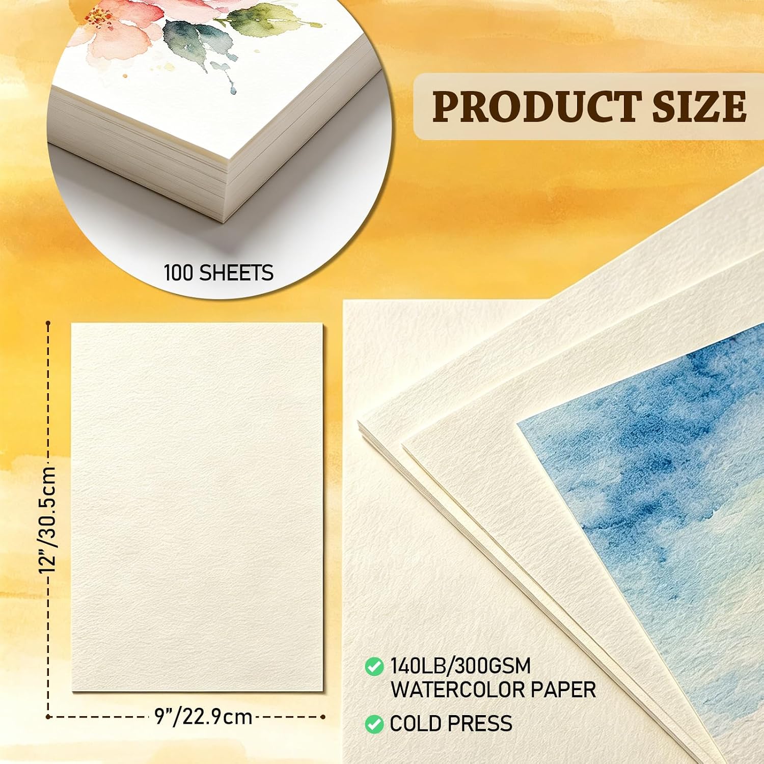 100 Sheets 9X12 in 140 lb/300 GSM Watercolor Paper Bulk