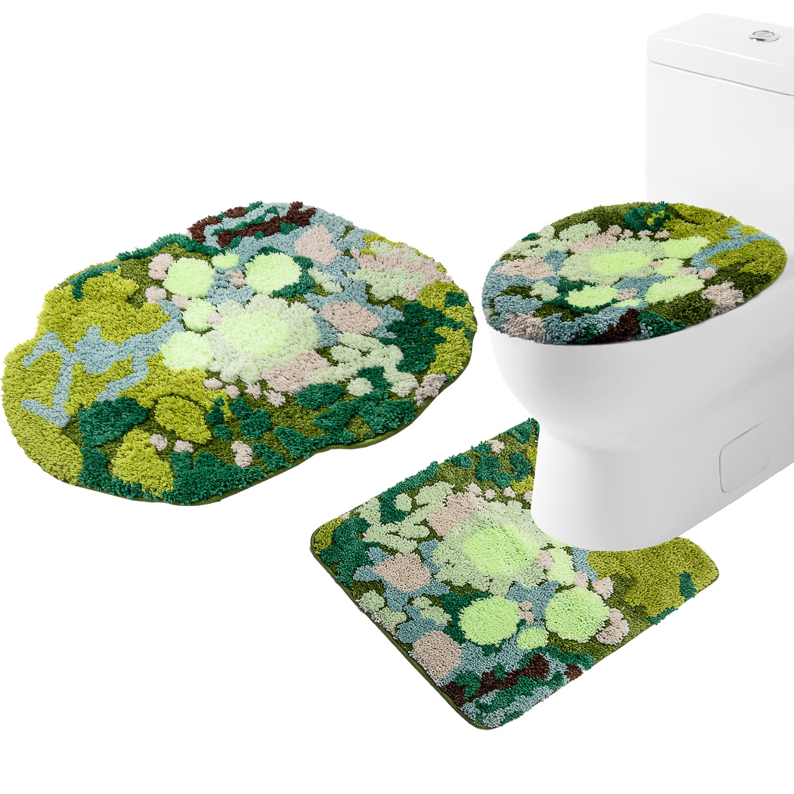 Tapis de bain touffeté 3 pièces Insun tapis de salle de bain motif mousse 3D vert