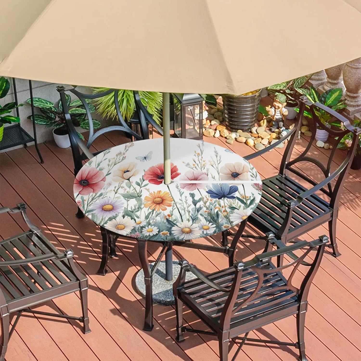 Round Fitted Tablecloth with Umbrella Hole Zipper - Flower Butterfly Outdoor Table Cover with Elastic Edge - Waterproof Wipeable Table Cloth for Patio Picnic Party - 36"- 44"