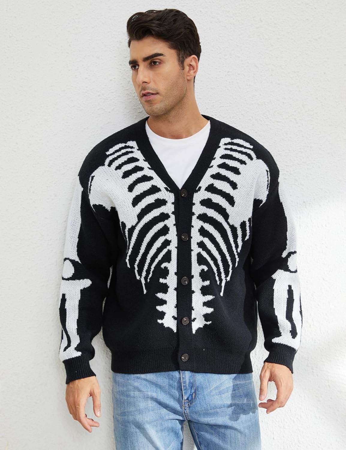 Wyeysyt Men's Skeleton Print Cardigan Sweaters Long Sleeve Oversized V Neck Button Down Outwear Coats - Image 5