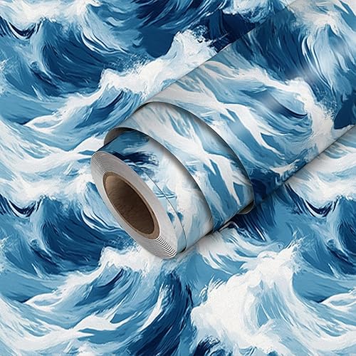 Miniatura 14 de Papel tapiz autoadhesivo con patrón de ondas azules oceánicas, 118.1 x 17.7 pulgadas, para decoración de sala de estar, dormitorio, cocina Ola azul