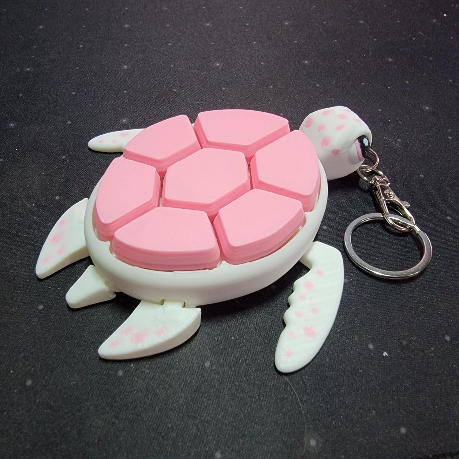 Sea Turtle Fidget Clicker Bag Charm, Sensory Figure Keychain, Articulating Head, Flippers and Tail (White/Pink)