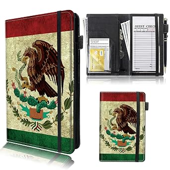 Rossy Server Books for Waitress & Waiter 9 x 5 Inch Wallet with Zipper Pocket Mexico Mexican Vintage Flag Design Booklet Cute Waitress Book Serving Book with 11 Money Pocket Fit Server Aprons
