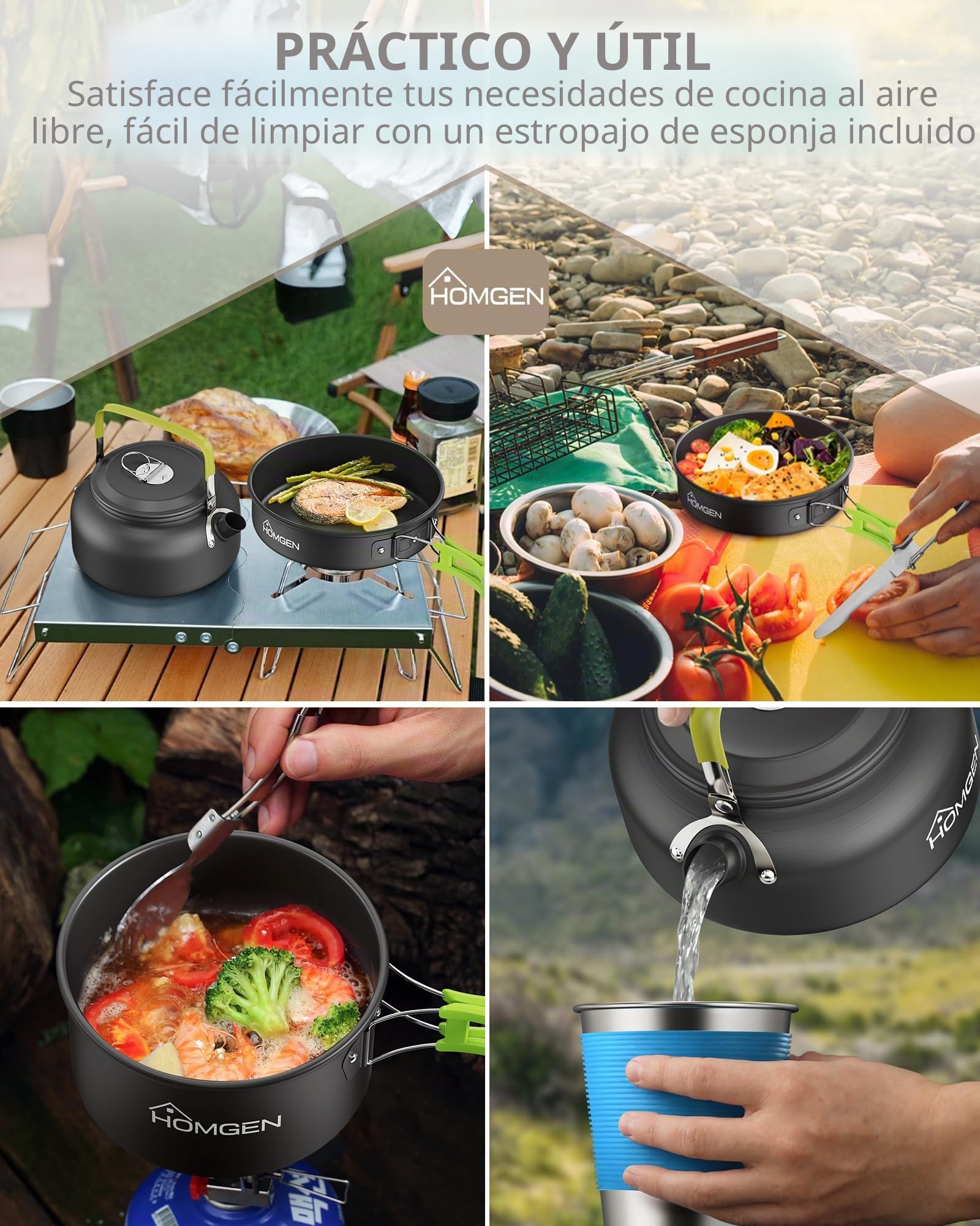 HOMGEN Kit de Cocina Camping 1-2 Personas Menaje Camping con Tetera Verde | Batería de Cocina Camping con Olla Sartén Tetera Tazas Aisladas Cubiertos Mangos Plegables para Senderismo Trekking Picnic