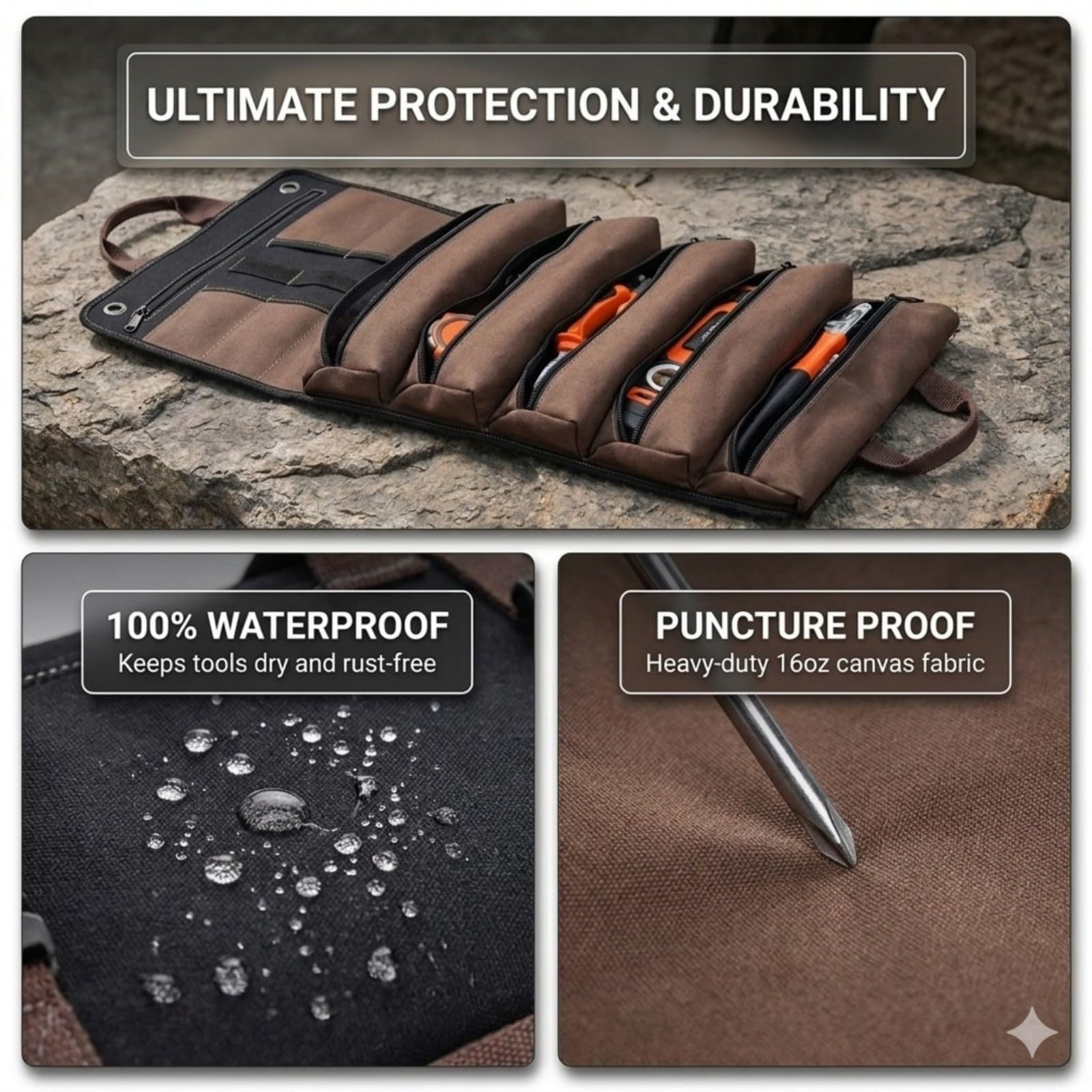 Sac à Outils Enroulableavec 13 Poches, 5 Fermetures Éclair + 7 Glissières, Grande Trousse à Outils pour Électricien, Plombier, Bricoleur, Imperméable et Antidéchirure