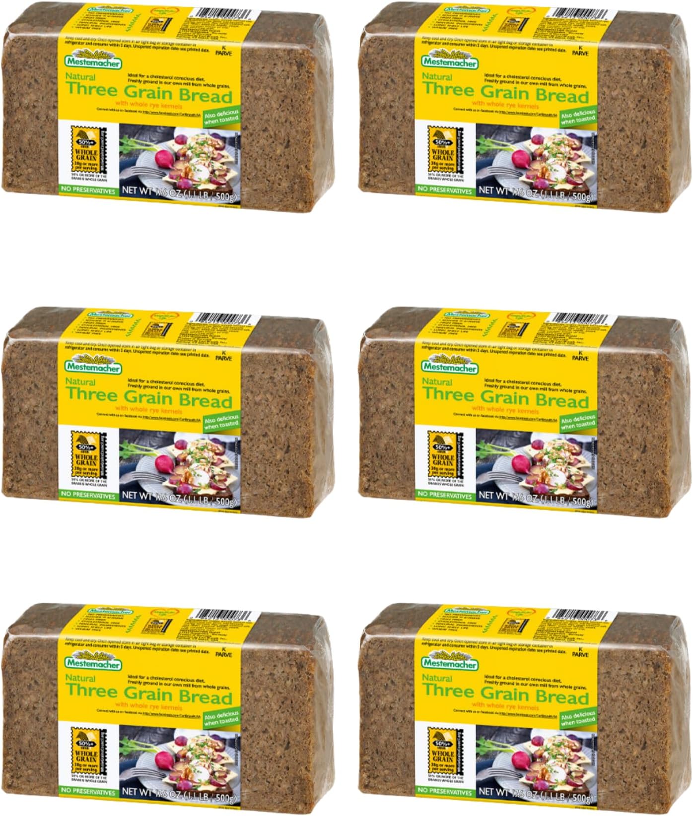 Natural Three Grain Bread, Authentic German Whole Grain Bread with Rye, Oats & Barley | High Fiber, Non-GMO, Ready to Eat, Long Shelf Life, 17.6 Oz (Pack of 6)