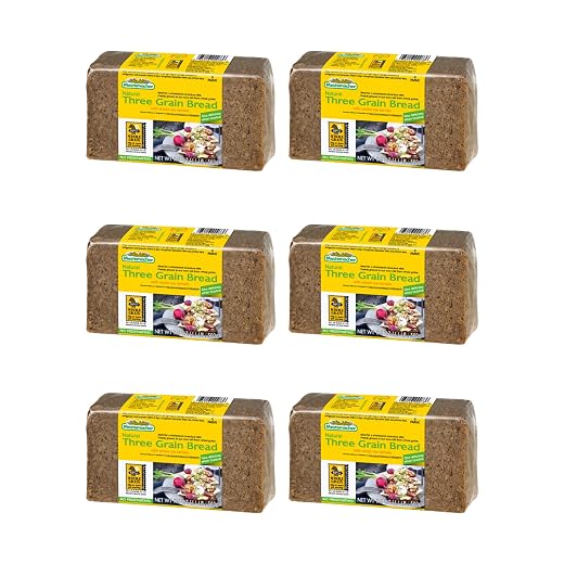 Mestemacher Natural Three Grain Bread, Authentic German Whole Grain Bread with Rye, Oats & Barley | High Fiber, Non-GMO, Ready to Eat, Long Shelf Life, 17.6 Oz (Pack of 6)
