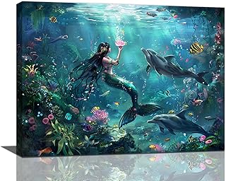 Fuzawet Mermaid Wall Art Ocean Dolphin Pictures Wall Decor Mermaid Canvas Painting Print Home Modern Artwork Decorations Framed for Bathroom Living Room Bedroom Office 16 x 12 inch