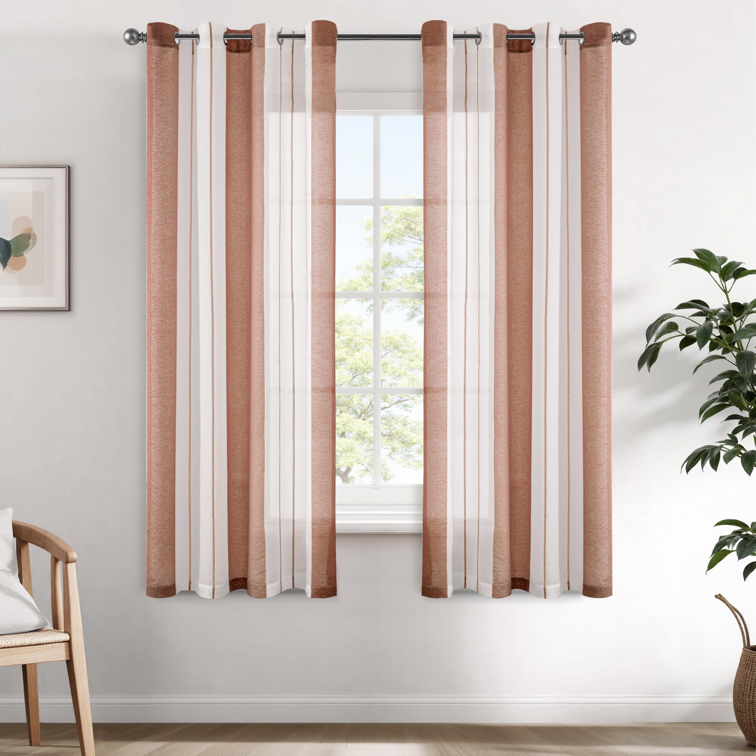 EMEMA Gardinen Gestreift Transparent mit Ösen Voile Vorhänge Wohnzimmer Modern 2er Set Vorhang Schlafzimmer Transparent mit Muster Vorhang Halbtransparent Streifen