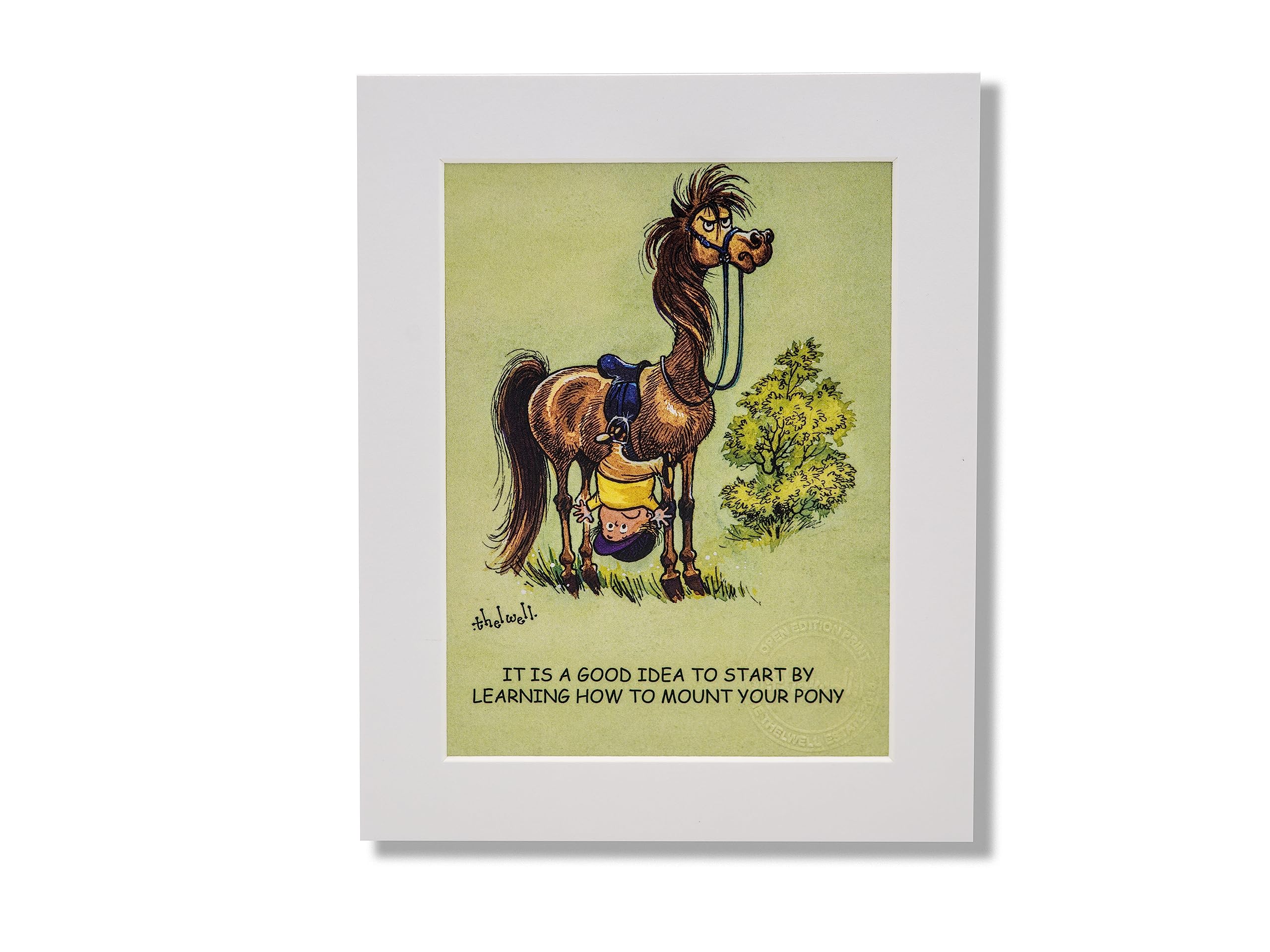 Thelwell Horse riding cartoon print, mounted and ready to frame. Learning how to mount your pony