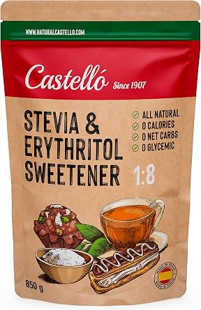 Castello since 1907 Stevia + Erythritol 18 Sweetener | 1g = 8g of sugar | 100% Natural taste Sugar Substitute - 0 Calories - 0 Glycemic Index - Keto and Paleo - 0 Net Carbohydrates - 850 g