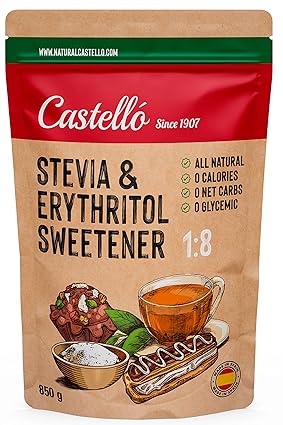 Stevia + Erythritol 1:8 Sweetener | 1g = 8g Sugar | 100% Natural Tasting Sugar Substitute - 0 Calories - 0 Glycemic Index - Keto and Paleo - 0 Net Carbohydrates - Castello Since 1907-850 g