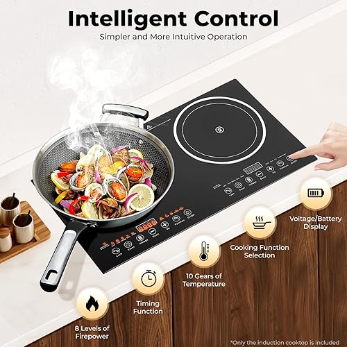 Miniatura 5 de Cocina de inducción eléctrica, doble inducción con bloqueo de seguridad y LED de 2400 W apaga automáticamente quemador eléctrico de placa caliente