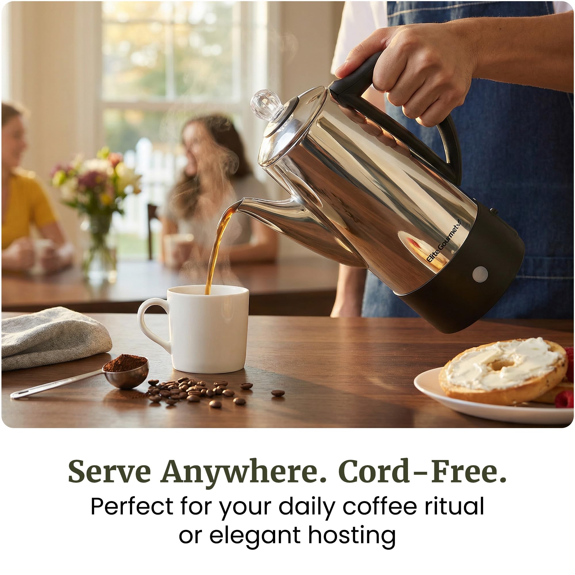 Elite Gourmet EC140 - Percolatore elettrico per caffè da 6 tazze con manopola per mantenere il caldo, manopola di avanzamento della birra trasparente, maniglia Cool-Touch, servizio senza cavo, in