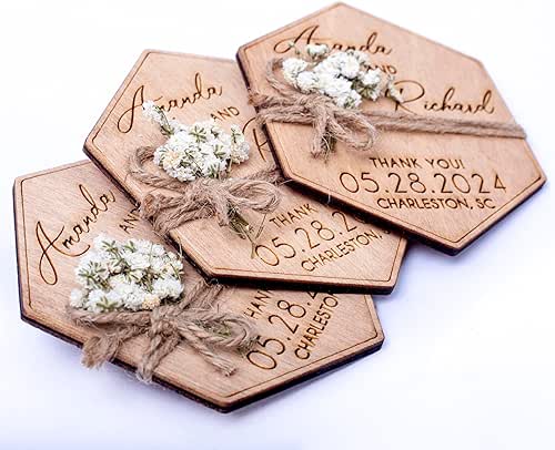 Hexagon Floral Wedding Favors, Personalized Wedding Favor, Wooden Magnet with