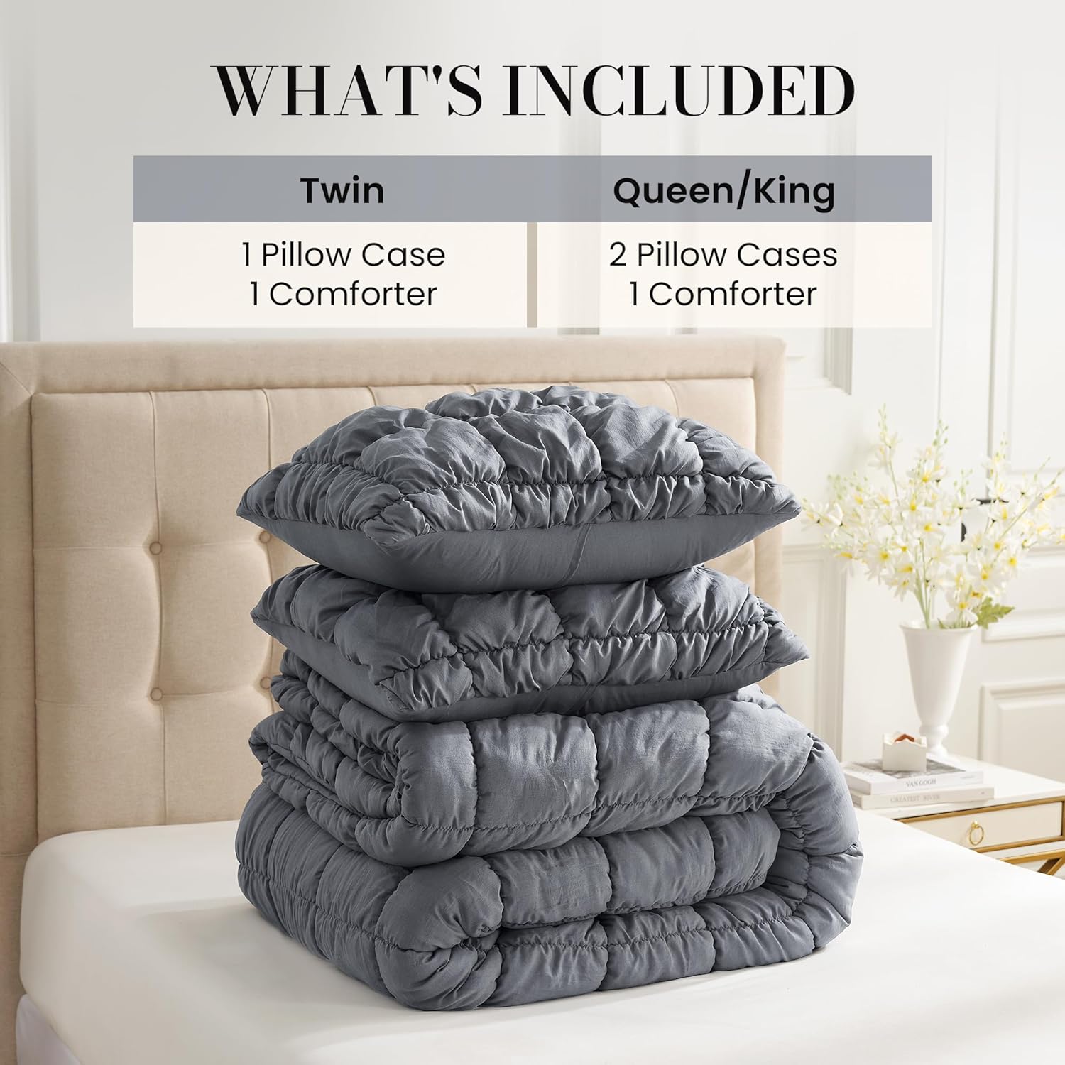 Amélie Home Luxury Queen Comforter Set, Bubble Textured Microfiber Bedding, Oeko-TEX Certified, All-Season Farmhouse Comforter with 2 Pillowcases, Charcoal Grey