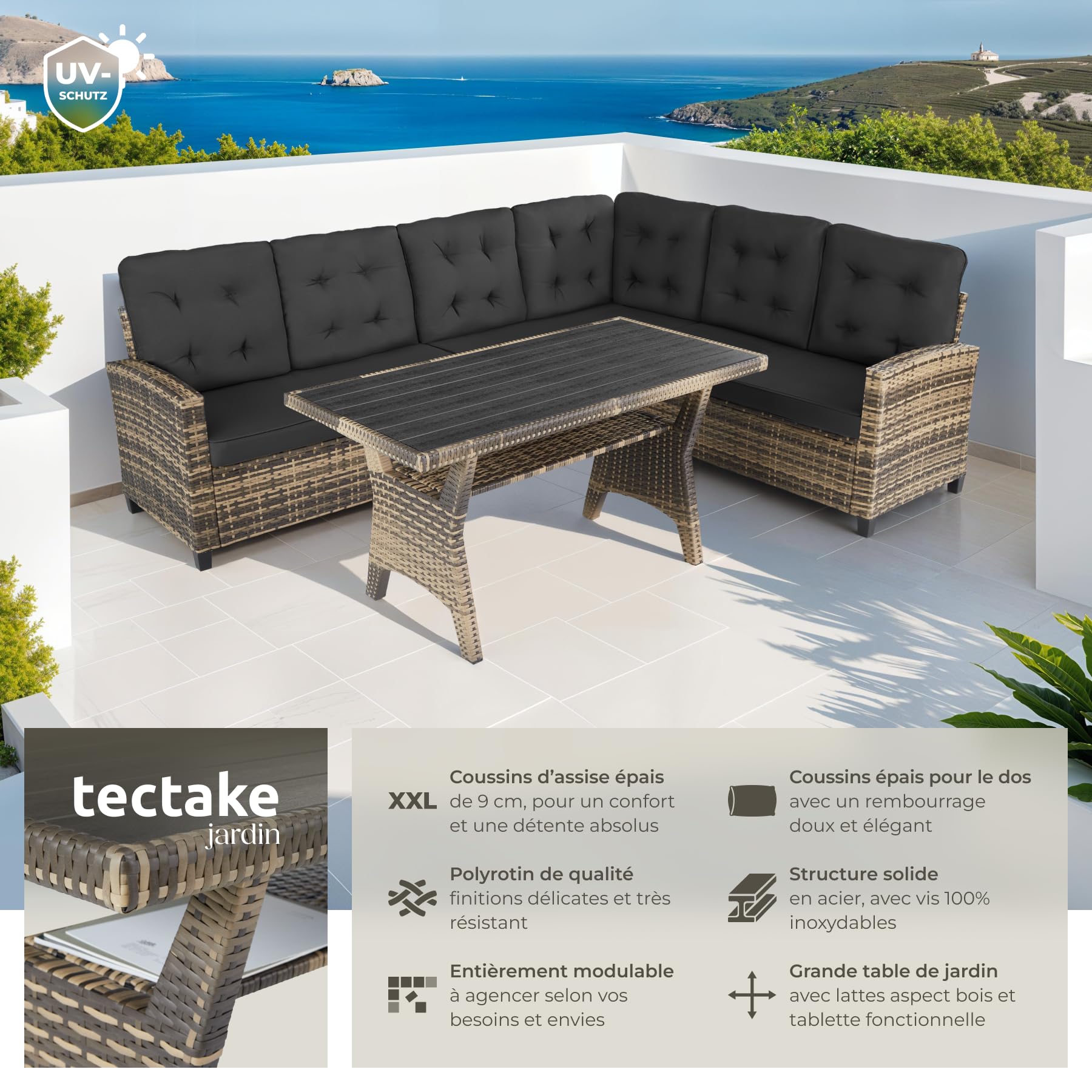 tectake Ensemble Salon de Jardin XXL Poly Rotin Canapé 6 Places Table Jardin Mobilier Exterieur