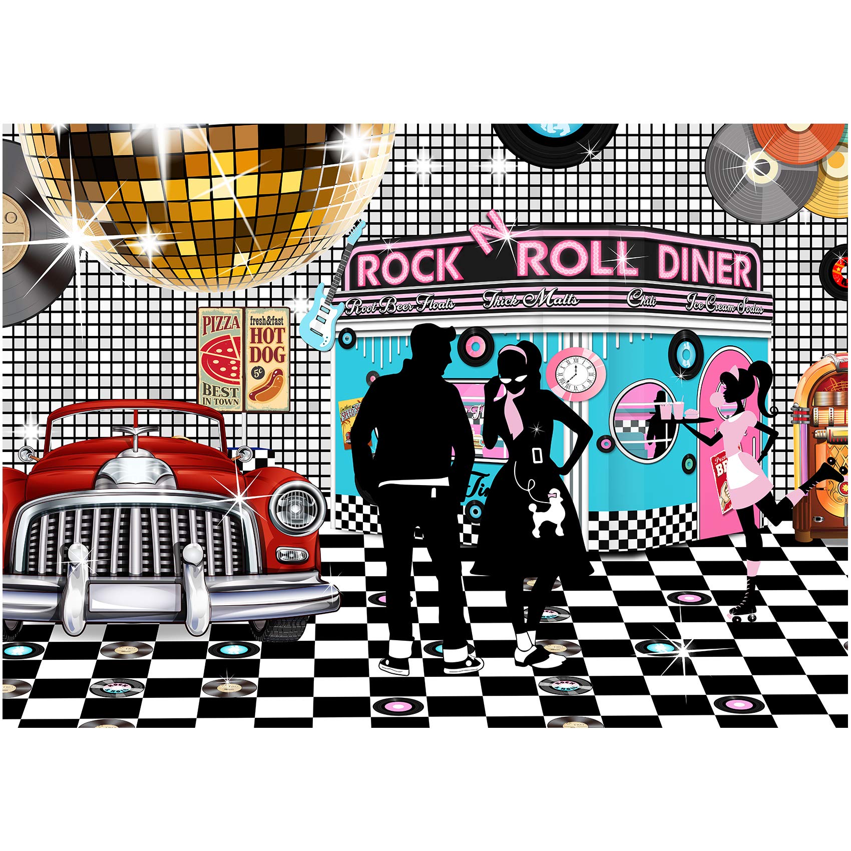 50s Diner Backdrop Large Banner Decoration Dessert Table Background Photobooth Prop Non-washable 7x5feet 84x60inch