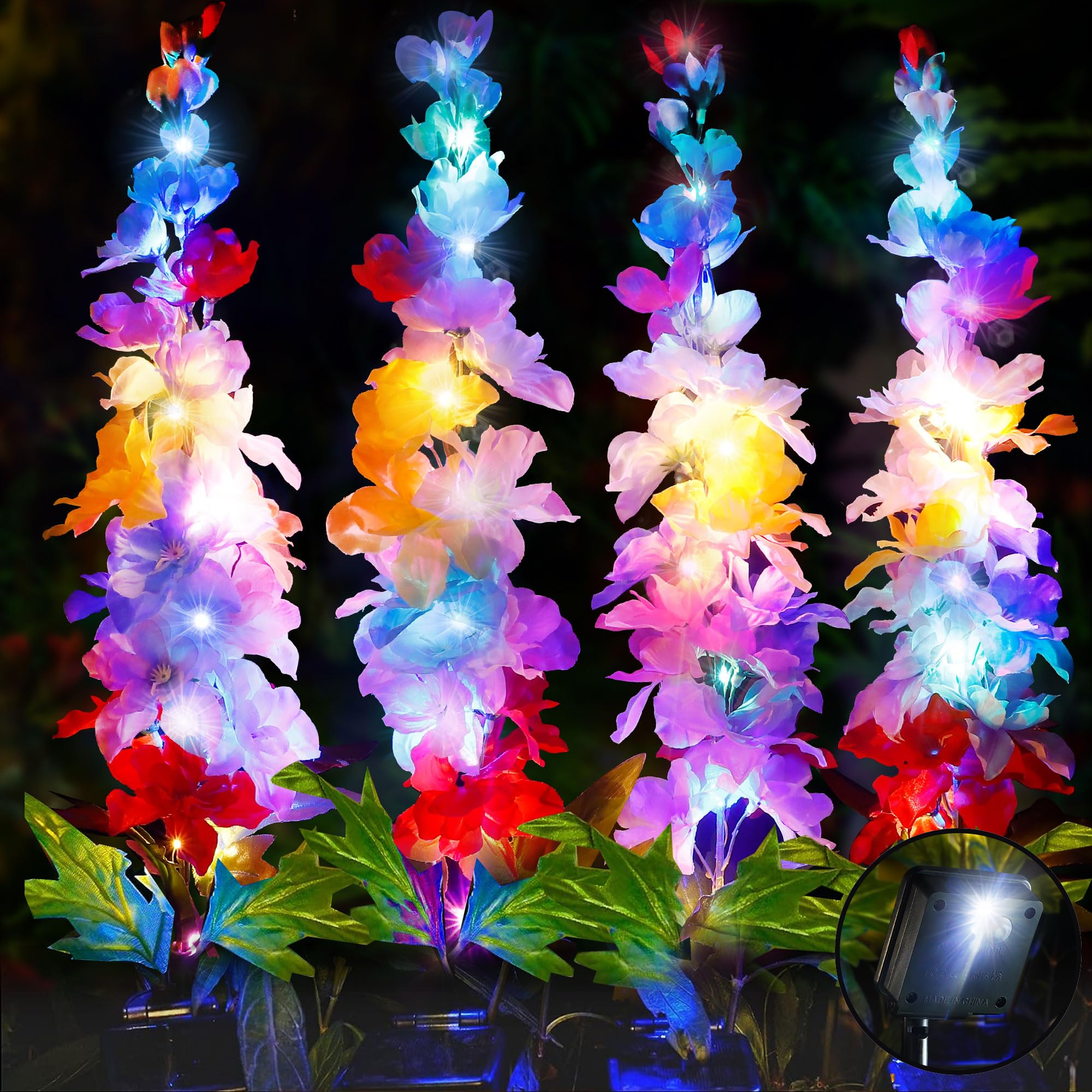 Smarich Solar Garden LED Lights - Delphinium Multicolor Flowers Solar Lights with 32 Colorful LED, 3 Lighting Mode, 4 Street Spot Light, Large Solar Panel for Garden/Yard/Patio/Pathway/Landscape Decor
