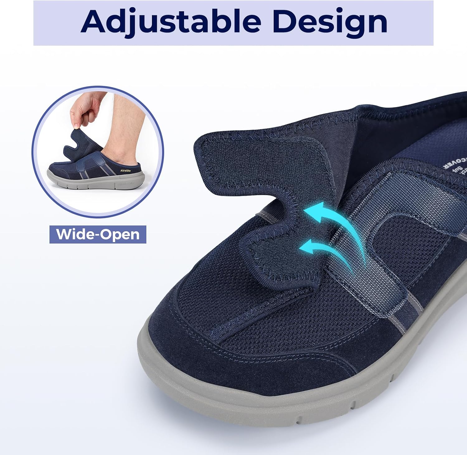 FitVille Wide Diabetic Slippers for Men with Arch Support, Breathable Adjustable Slip-On Shoes for All-Day Comfort Ideal for Neuropathy, Swollen Feet & Lymphedema