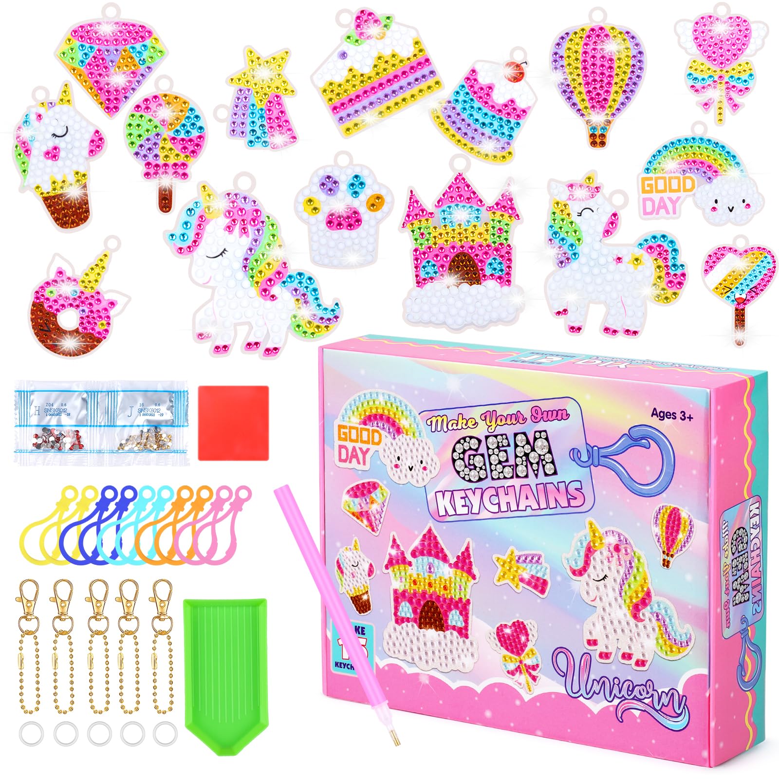 Damcyer 15 PCS Kit de Pintura Diamond Painting para Niños,Unicornio Llaveros de Pintura de Diamantes,DIY 5D Diamond Painting Llavero,Diamond Painting Kit Completo para Niñas de 6 7 8 9 10 11 12 Años