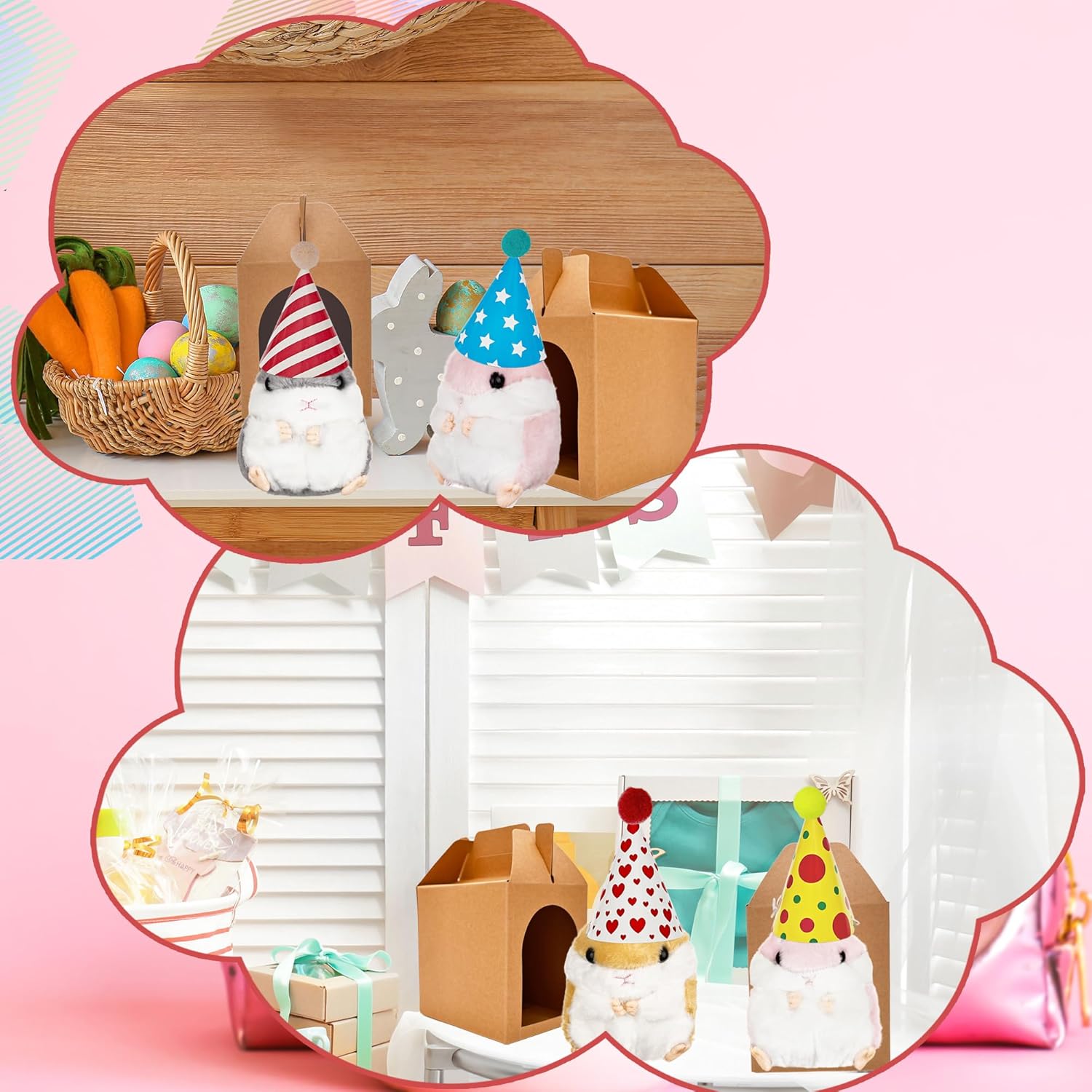 43 Pcs Hamster Party Favors Include 10 Mini Plush Hamster Stuffed Animal Bulk 10 Boxes 10 Cards 12 Multicolor Hat and 10m Rope for Adopt a Hamster Party Favors Birthday Gifts