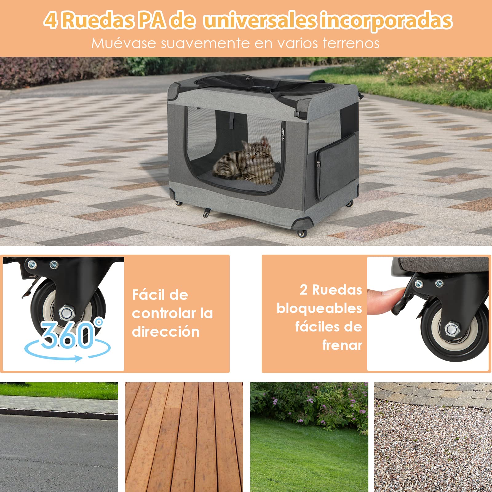 COSTWAY Transportín con Ruedas para Mascotas, Caseta Plegable con Correa para el Hombro, Cojín Extraíble, Bolsa de Almacenamiento, 3 Entradas, Transportador de Mascotas, Gris, 82 x 59 x 67 cm