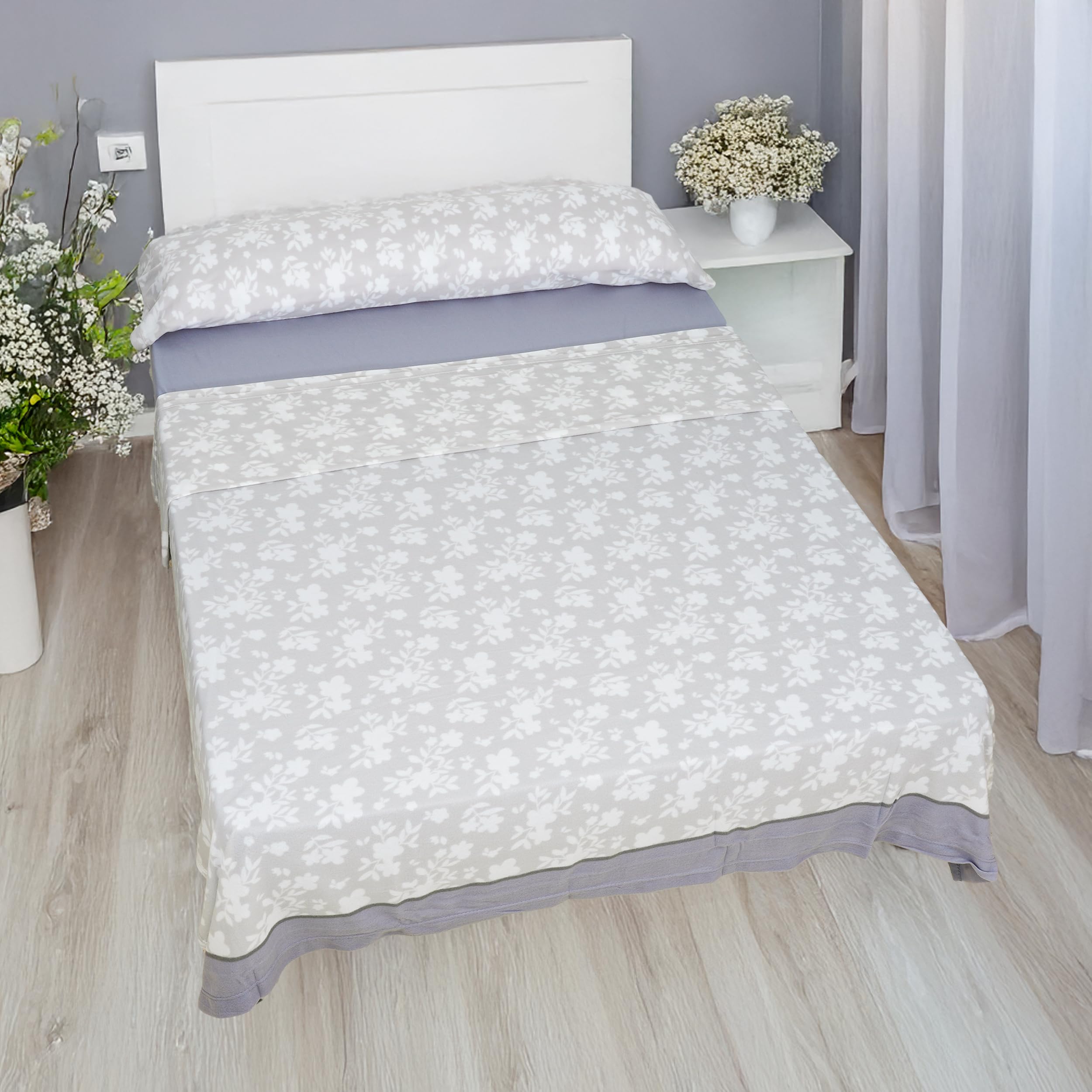 H HANSEL HOME Juego de Sábanas Termicas 3 Piezas Pirineo para Cama de 150x190cm, Sábanas Polares de Invierno Ultra Suave, Incluye Sabana Bajera + Encimera + Funda de Almohada - Flores Gris