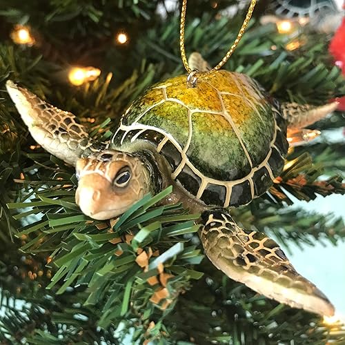 Miniatura 3 de Paquete de 4 adornos navideños  Tortuga marina azul, tortuga marina verde, caballo marino y mantarraya  Adornos náuticos costeros