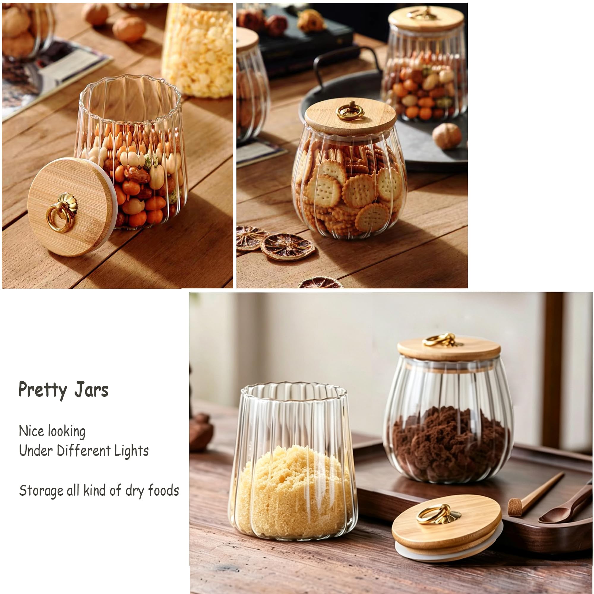 FANTESTICRYAN Tarro de cristal para frutos secos de café, hermético, contenedor decorativo de pétalos con tapa de bambú, mango de metal, fácil de agarrar (ovalado pequeño)
