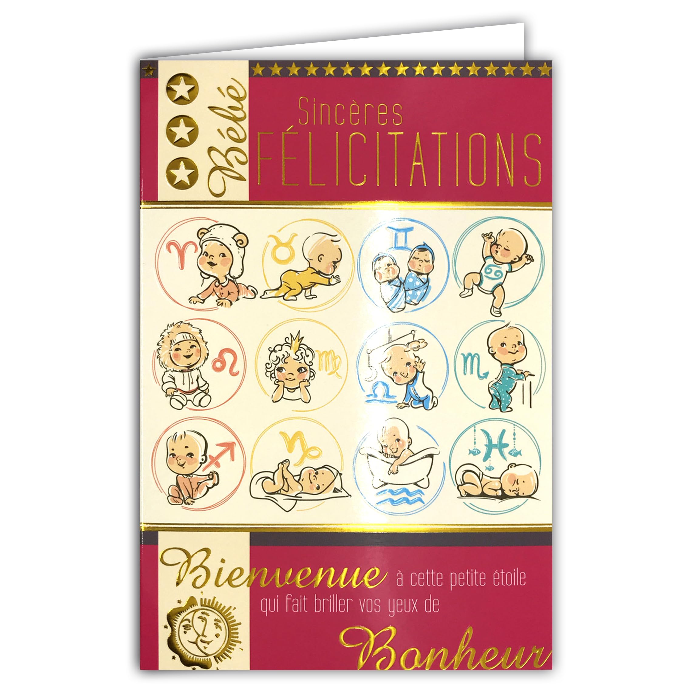 AFIE Horoscope Zodiac Sign Baby Girl Congratulations Birth or Adoption Golden Text Welcome to this little star that makes your eyes shine with happiness Illustrations Envelope 12 x 17.5 cm 66-1034-A