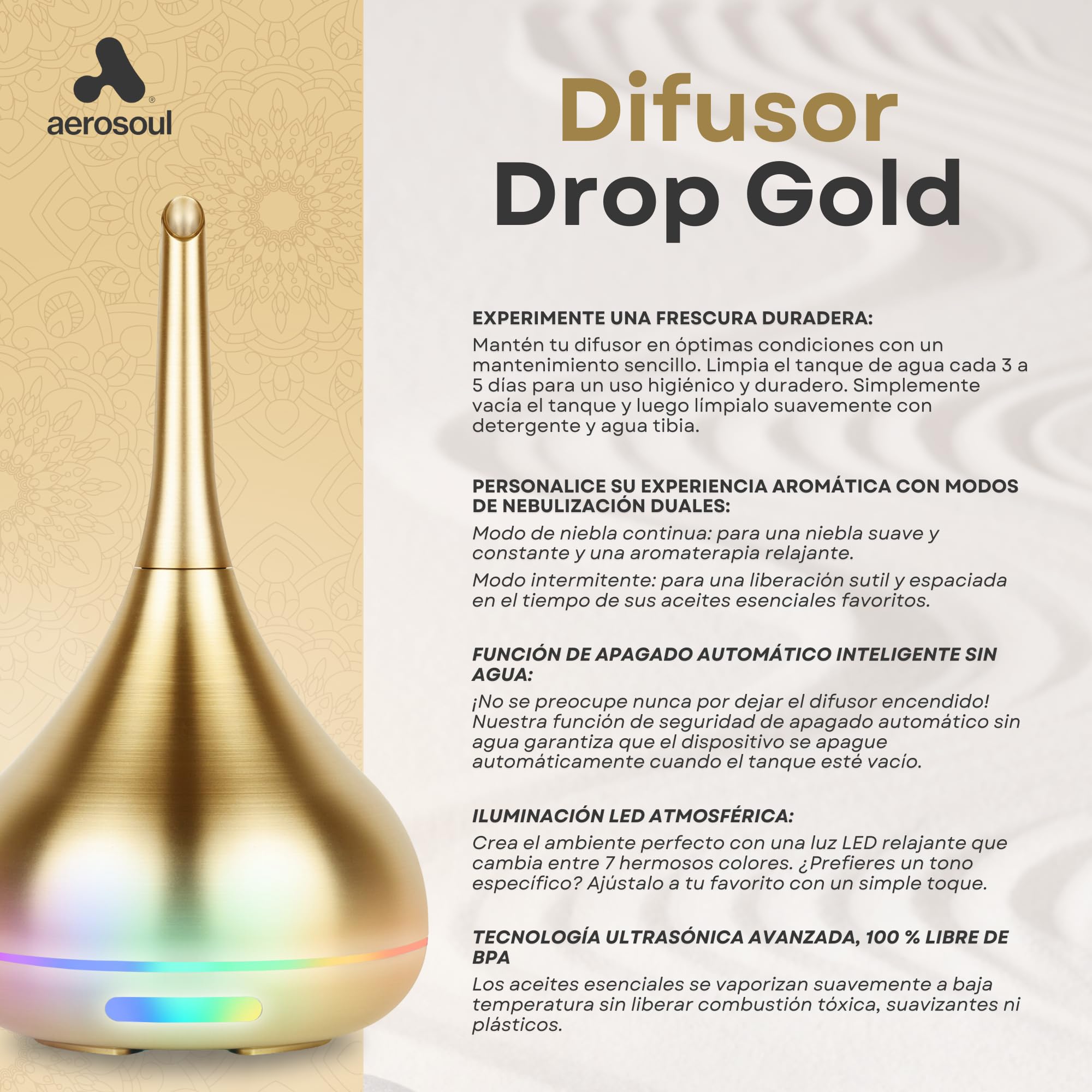 Aerosoul® Difusor de Aromas para Aceites Esenciales 100 ml, Diseño Noble | Diseño Noble, Apagado Automático, 6h de Bruma, Luz LED Difusor de Aromaterapia, Plástico Oro