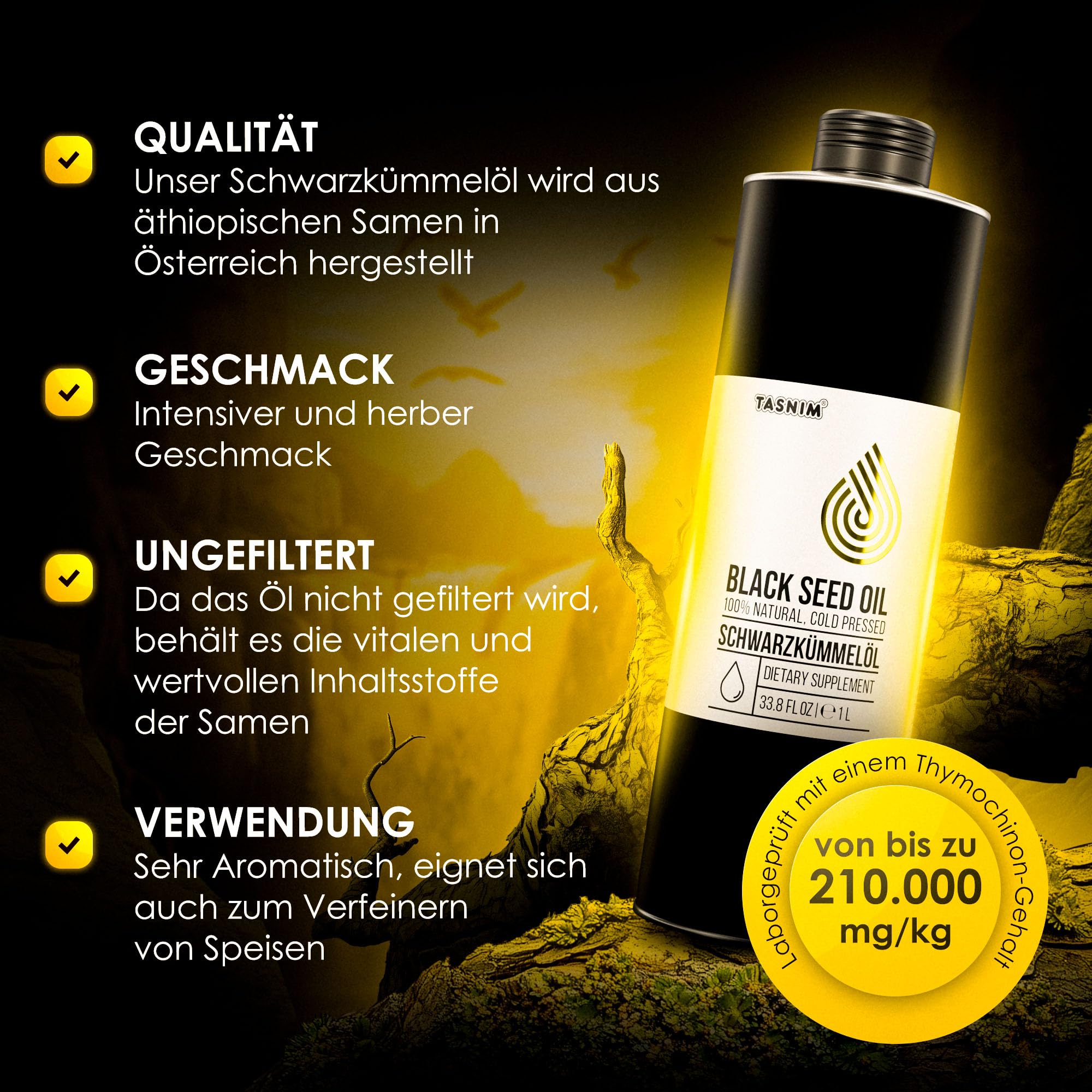 Schwarzkümmelöl Kaltgepresst 1000ml, Ungefiltert, Hochwertig, Naturrein Ohne Zusatzstoffe, Äthiopisches Nigella Sativa Öl mit Hohem Thymoquinon, Mühlenfrisch, Vegan