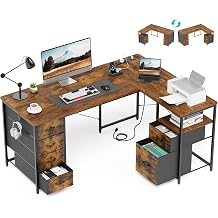55 Inch L Shaped Office Desk with 6 Drawers & Type-C Port, Rustic Brown | File Cabinet, Power Outlets, Reversible Corner Computer Desk, Work Desk with Storage for Home Office, Bedroom, Gaming, Study