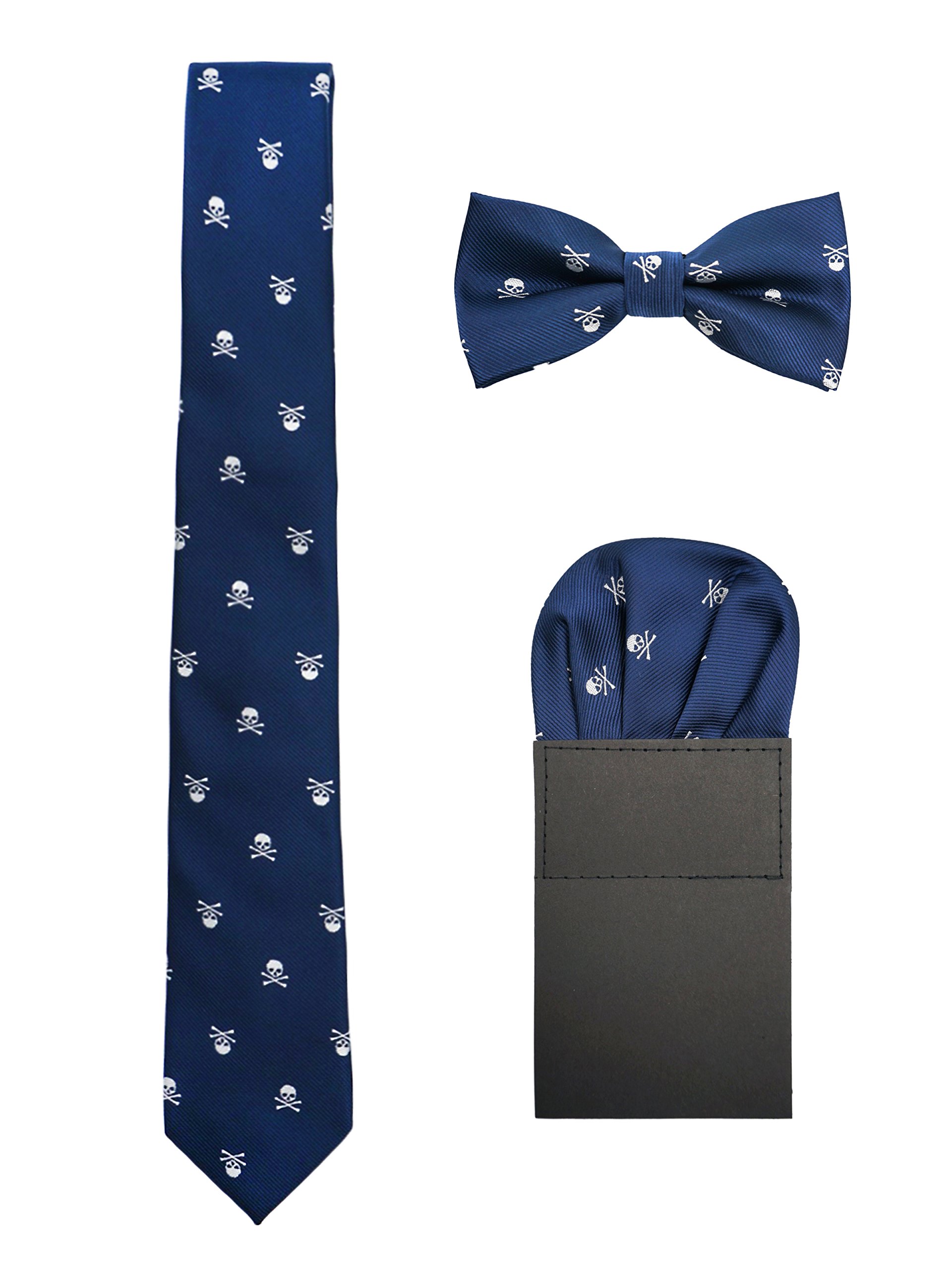 Wanying Men's 3 In 1 - Dark Blue & White Skull Bowtie & 6Cm Narrow Necktie & Pocket Squares 3 In 1 Sets - Skull Pattern Dark Blue