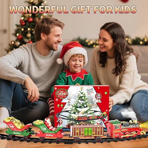 Miniatura 6 de Juguetes colgantes de tren de Navidad con humo, luz y sonido, juego de tren eléctrico para niños de 4 a 8 años, kit de construcción de vías de tren