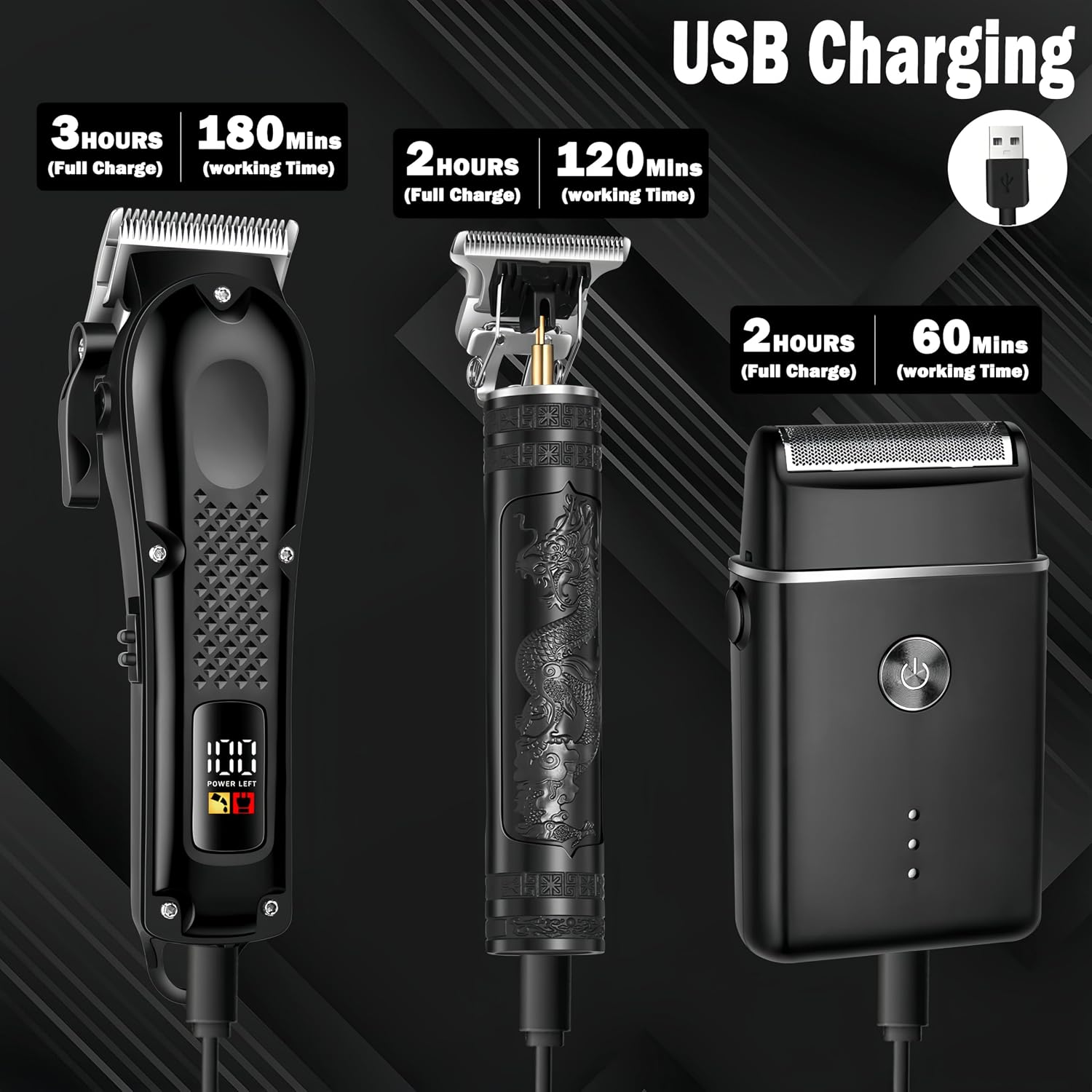 3-in-1 Hair Clippers for Men with LED, Beard Trimmer & Foil Shaver