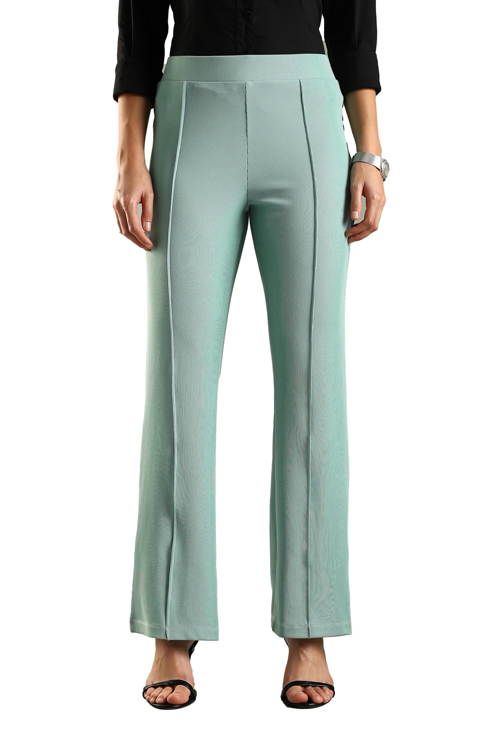 Women's Super Stretchable Rib Pintuck Flare Pant | Trendy Bottom for Women | Comfy All Day wear Light Green-image-26