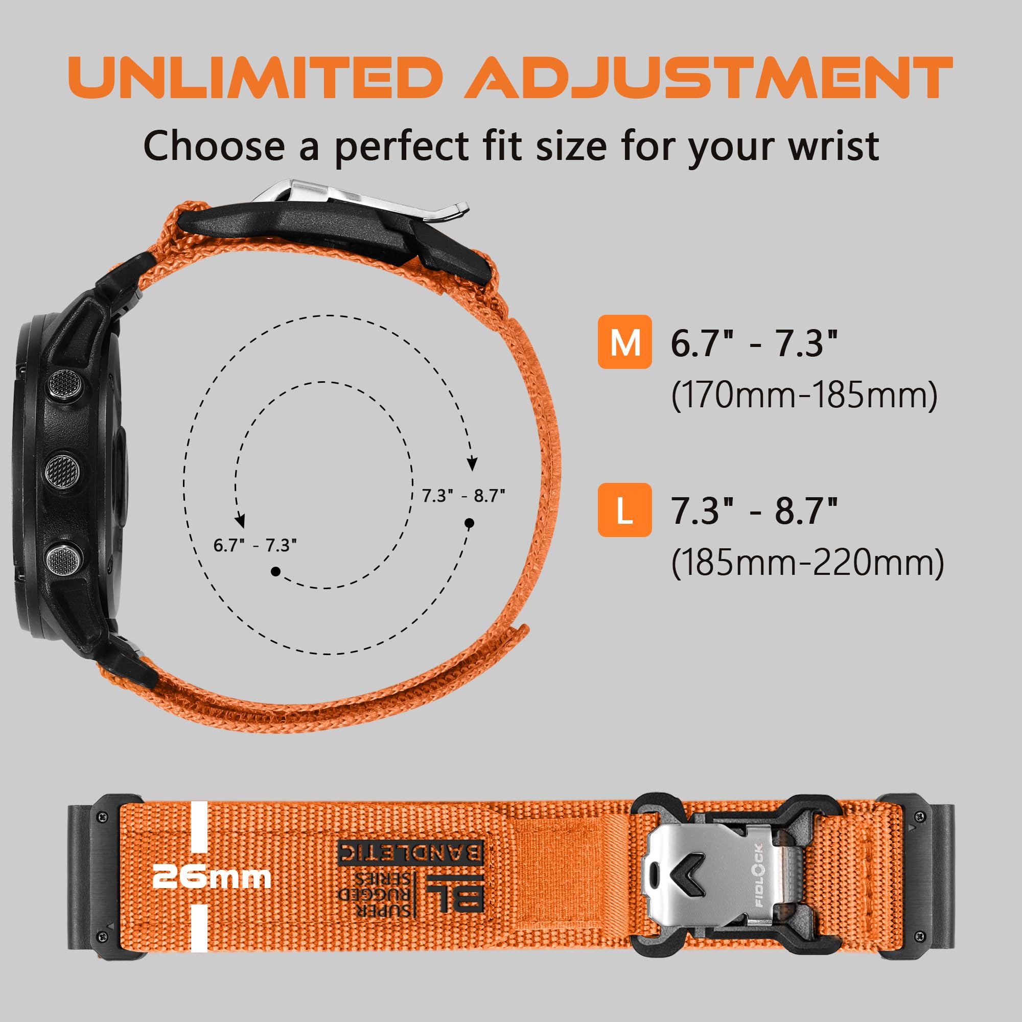 Bandletic 26mm Nylon Cinturino Compatibile con Garmin Fenix 8 51mm/7X/6X | Magnetico Fidlock V-Buckle Modello Resistente per Fenix E 51mm/7X Pro/6X Pro/5X Plus/3 HR/Tactix/Descent/Instinct 2X/Quatix 3