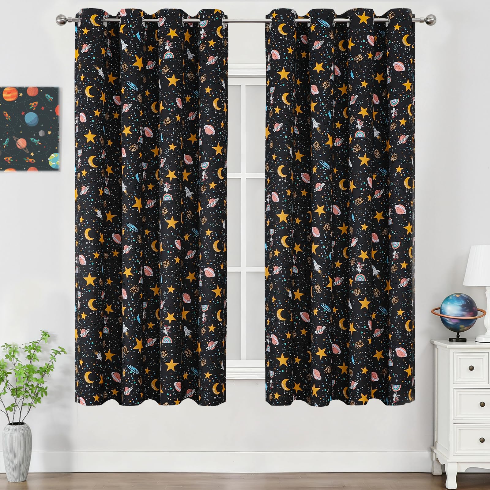 Star Moon Black Out Curtains 63 Inch Long for Kids Bedroom/Nursery,52Wx63L