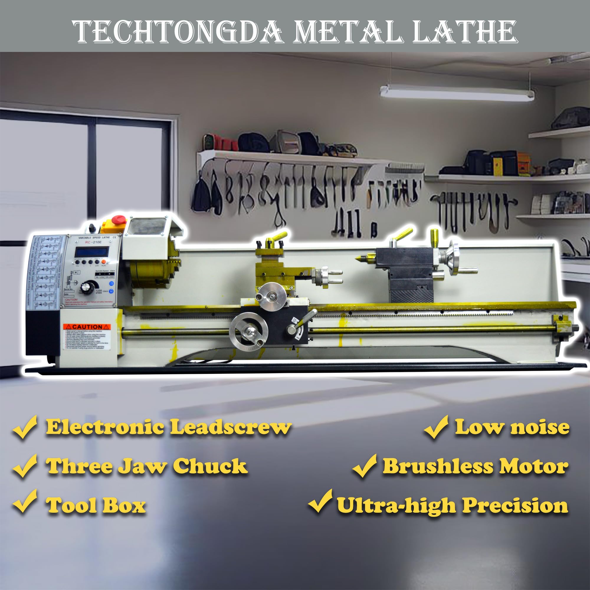 TECHTONGDA Metal Lathe 8X16” Precision Electronic Leadscrew Gearless Bench Lathe Automatic Switch Thread between Metric and Inch 1100W Brushless Motor DIY Mini Lathe